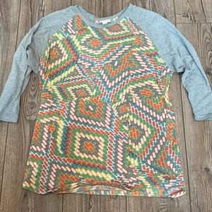 Lularoe Medium Randy Gray 3/4 Sleeve Teal Orange Yellow White Pattern